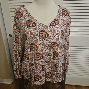 Lucky Brand Boho Floral V-Neck Women's Top Size Large, New